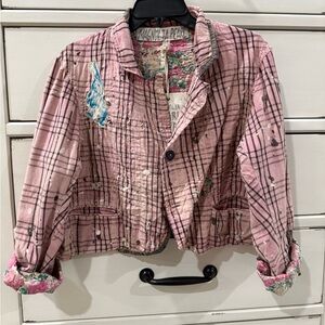 NWT Magnolia Pearl Distressed Pink Plaid Cropped Jacket